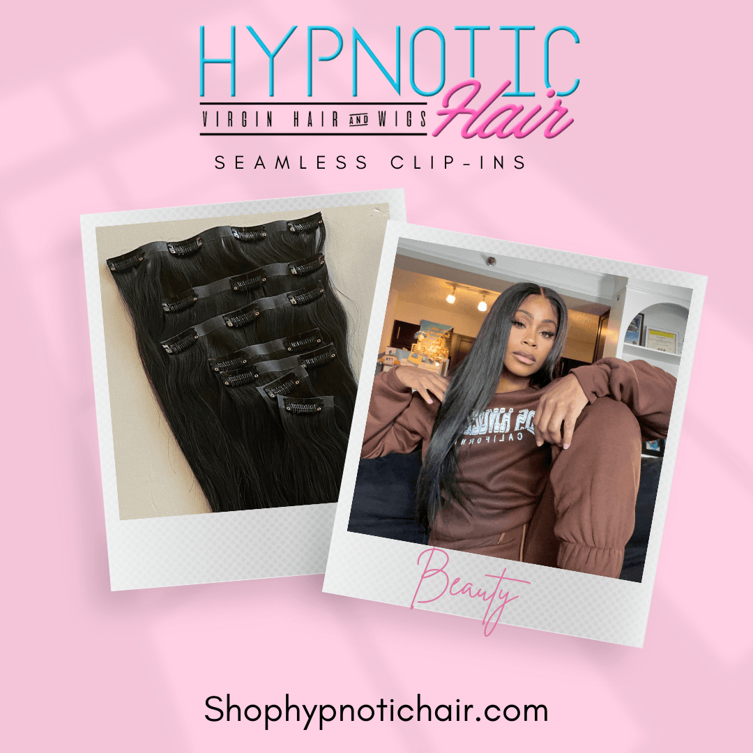 Hypnotic Hair Seamless Clip-Ins promo with product and model. Virgin hair extensions for a natural, voluminous look.