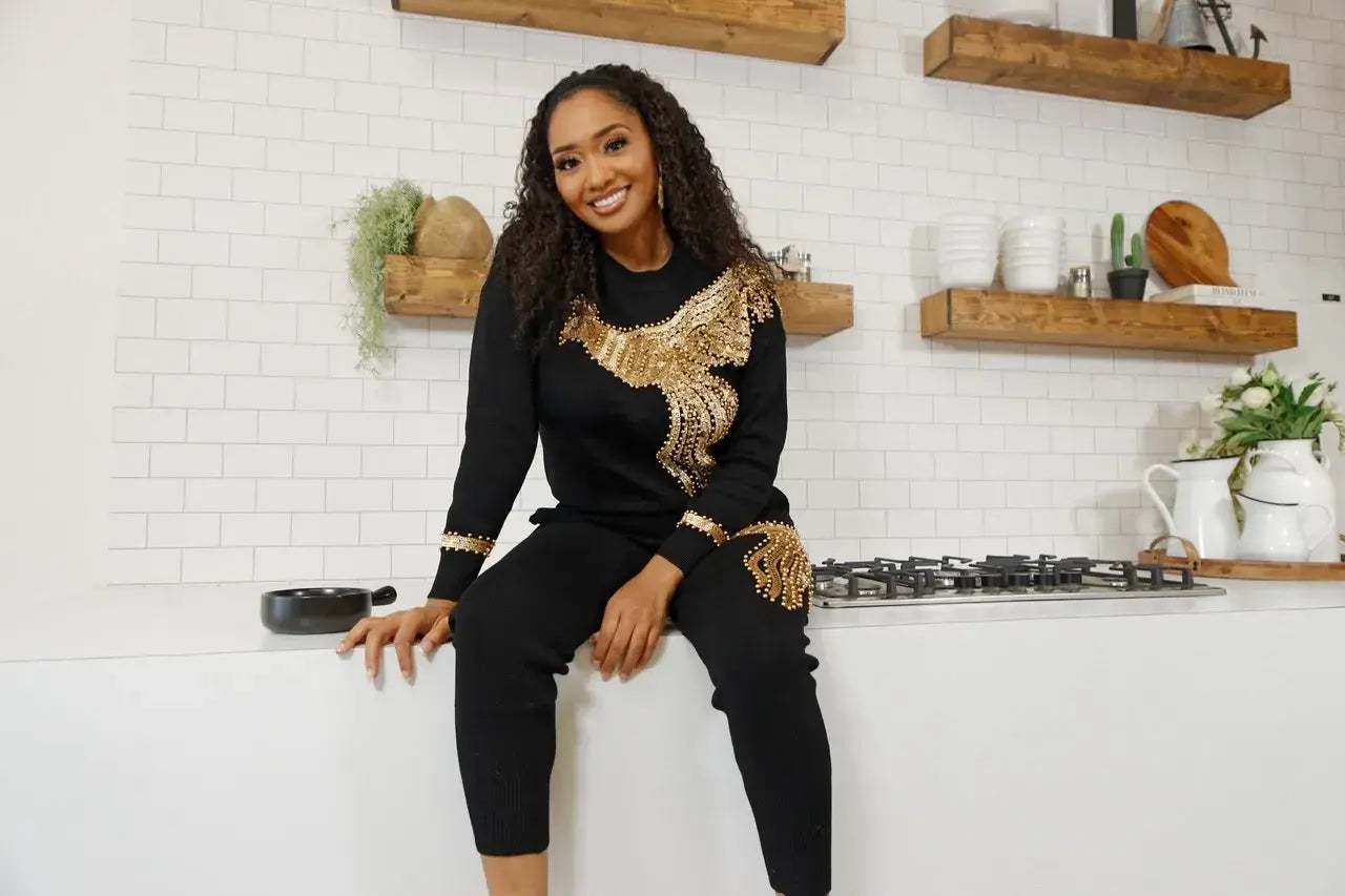 Smiling model in kitchen wearing Easy Headband Wig with deepwave curls, highlighting a quick and fashionable hair solution.
