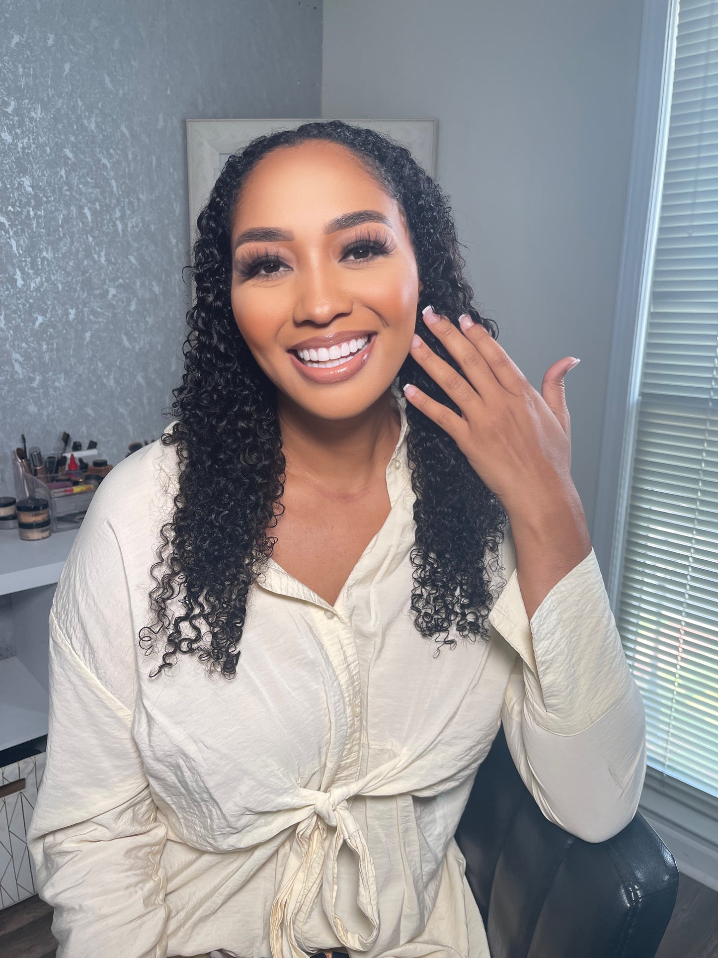 Smiling woman wearing Virgin Curly Hair Extensions styled naturally. Shop Virgin Curly Hair Extensions | 30% Off Now for a flawless curly look.