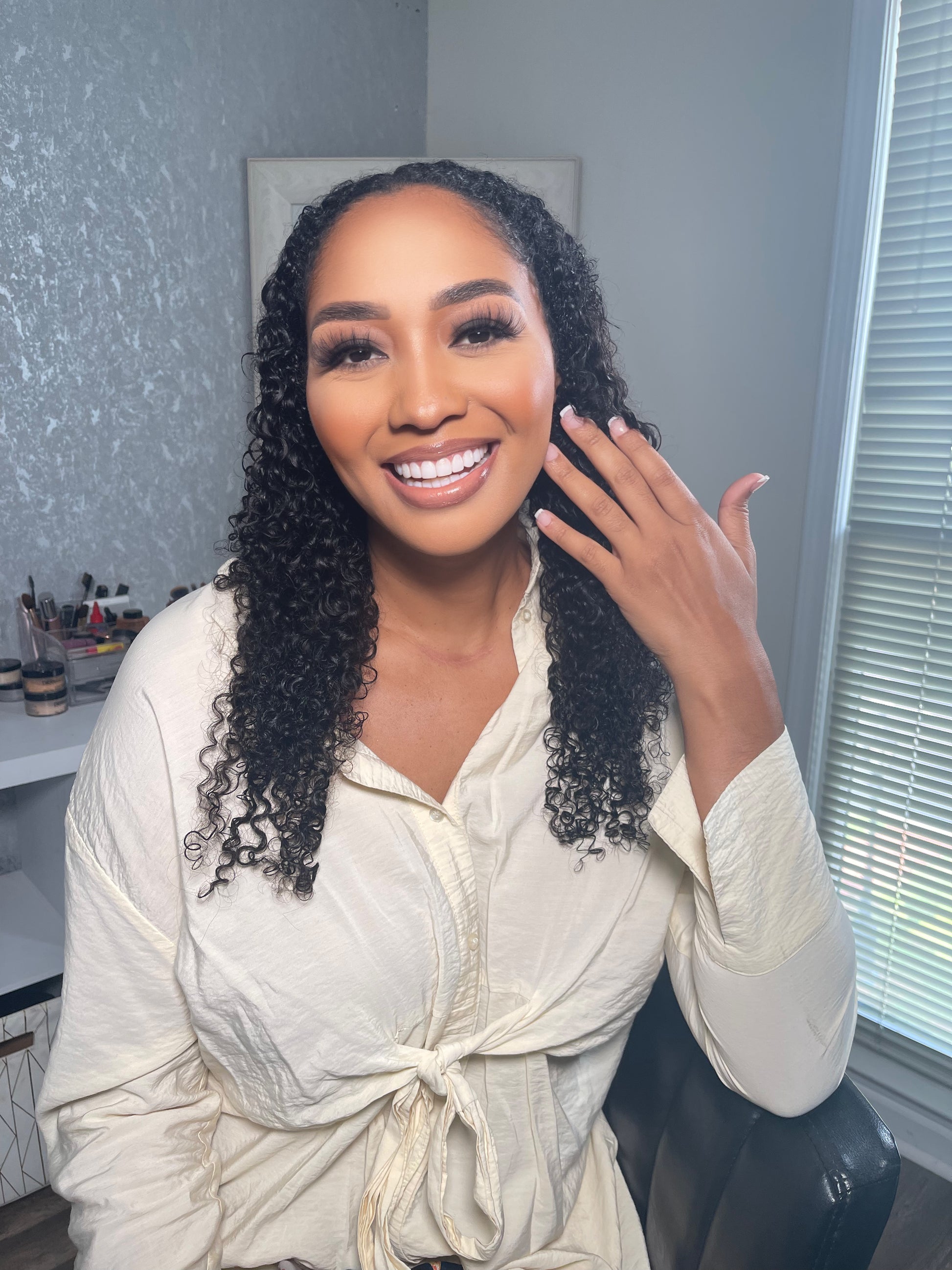 Smiling woman wearing Virgin Curly Hair Extensions styled naturally. Shop Virgin Curly Hair Extensions | 30% Off Now for a flawless curly look.