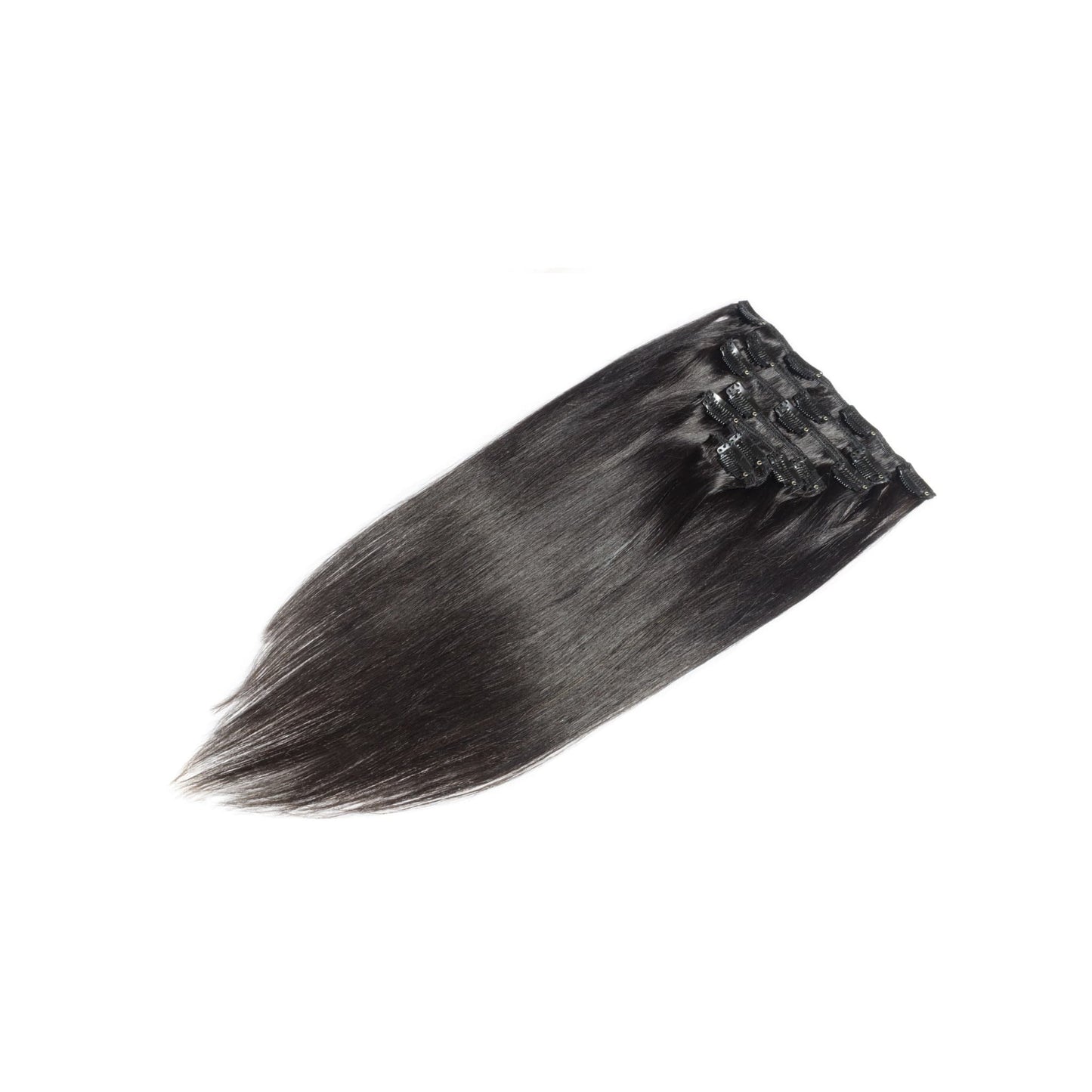 Seamless Clip-Ins in natural black shade with 7 flat wefts for a discreet, natural look. Premium quality clip-in hair extensions.