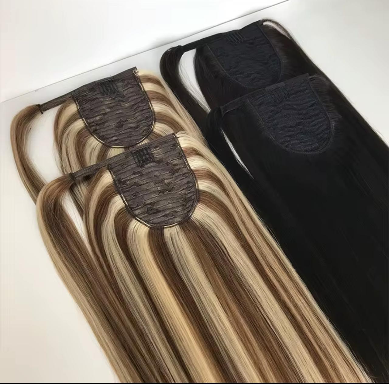Set of luxury virgin hair ponytails in black and highlighted blonde shades, designed with lace bases and wrap straps for quick, stylish application.