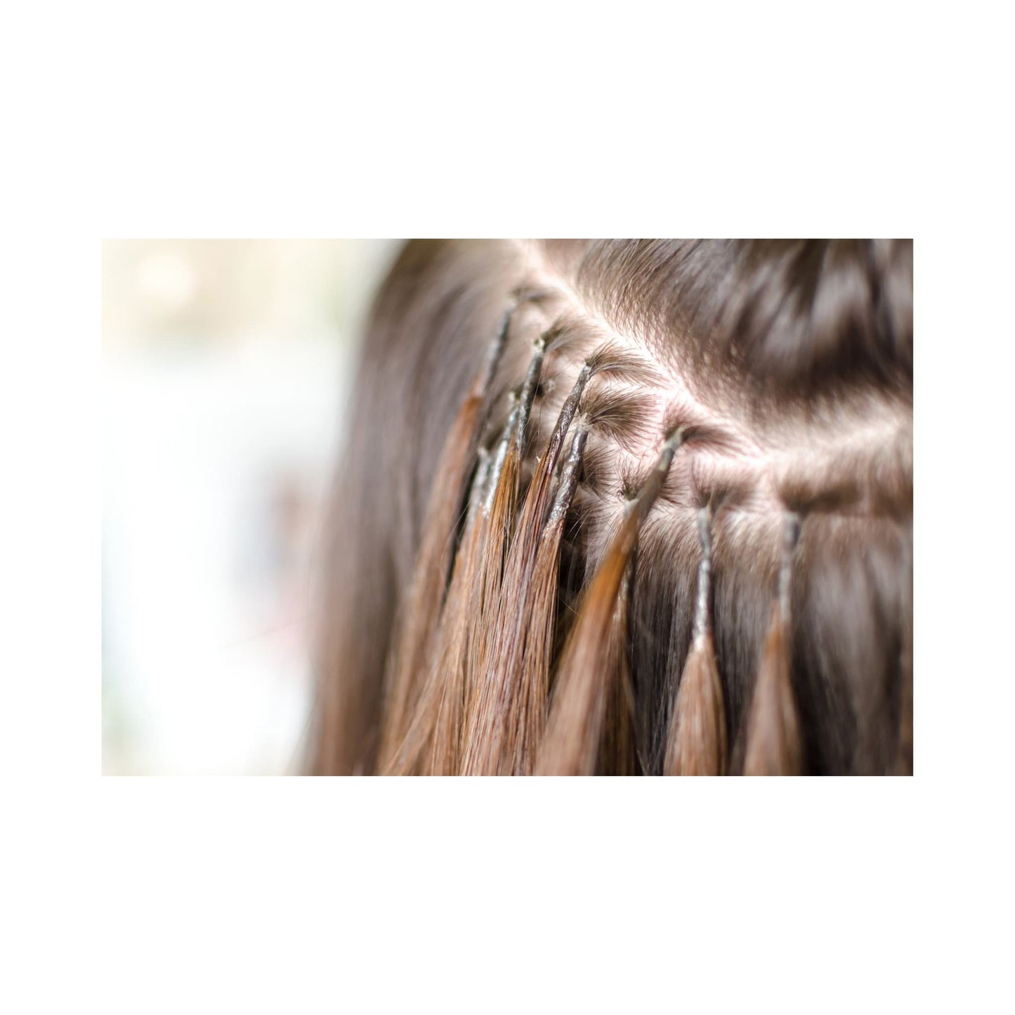 I-Tip Remy Human Hair Extensions installed on natural hair, showcasing reusable and safe strand-by-strand application method.