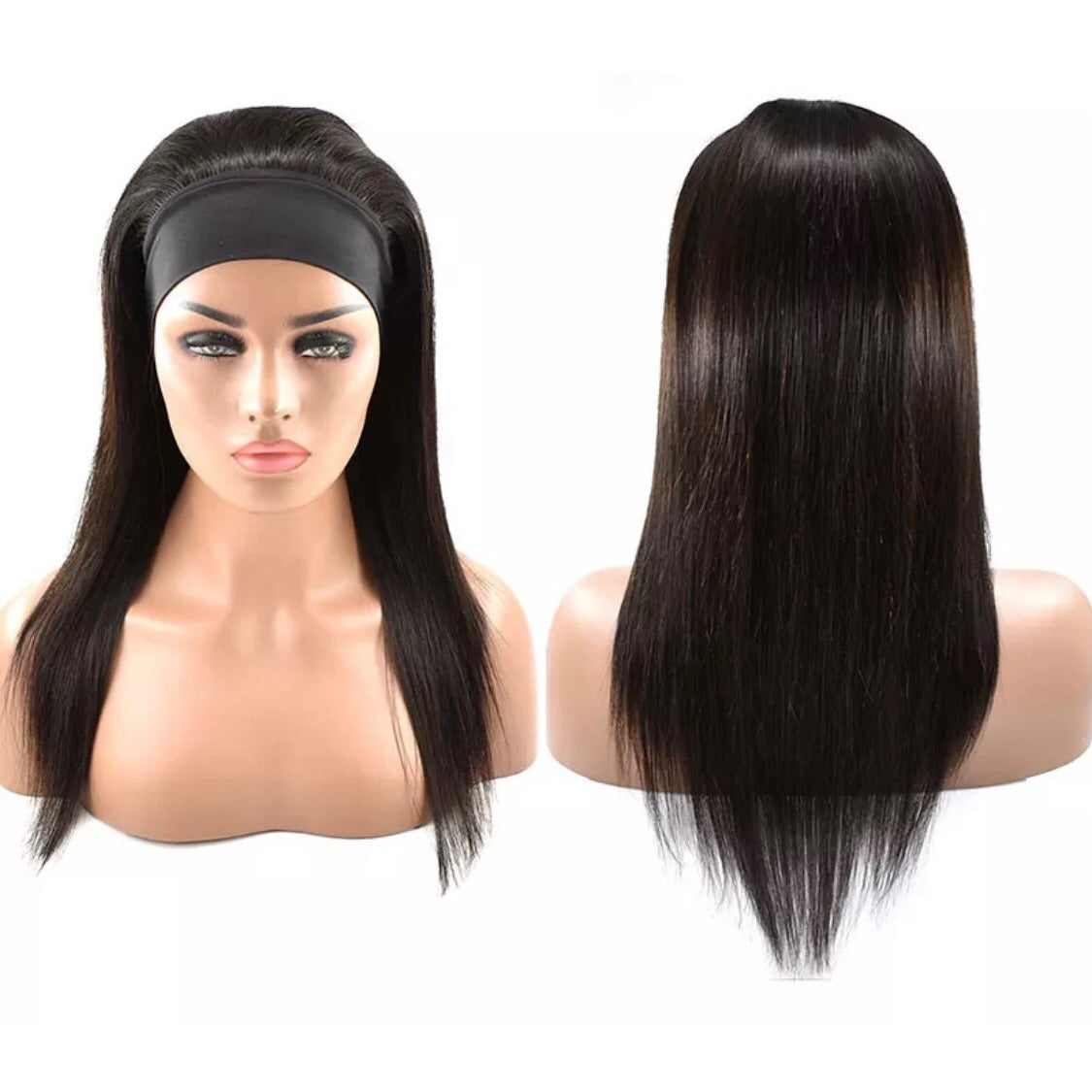 Straight Easy Headband Wig shown front and back, 28in length with 3 combs and Velcro strap for quick and sleek hair solutions.