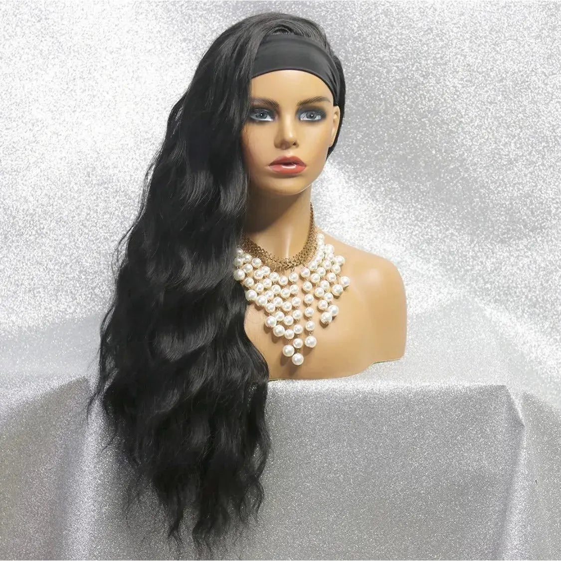 Long deepwave Easy Headband Wig styled to the side, featuring 3 combs and Velcro strap for fast, stylish hair transformation.