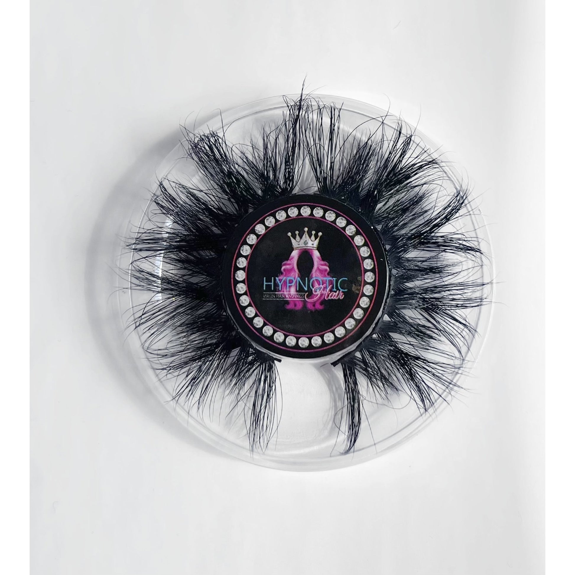 Queen Diamond Mink Lashes - Dramatic Eyes | Bold & Reusable, featuring voluminous 25mm black lashes in a jeweled round case with crown logo.