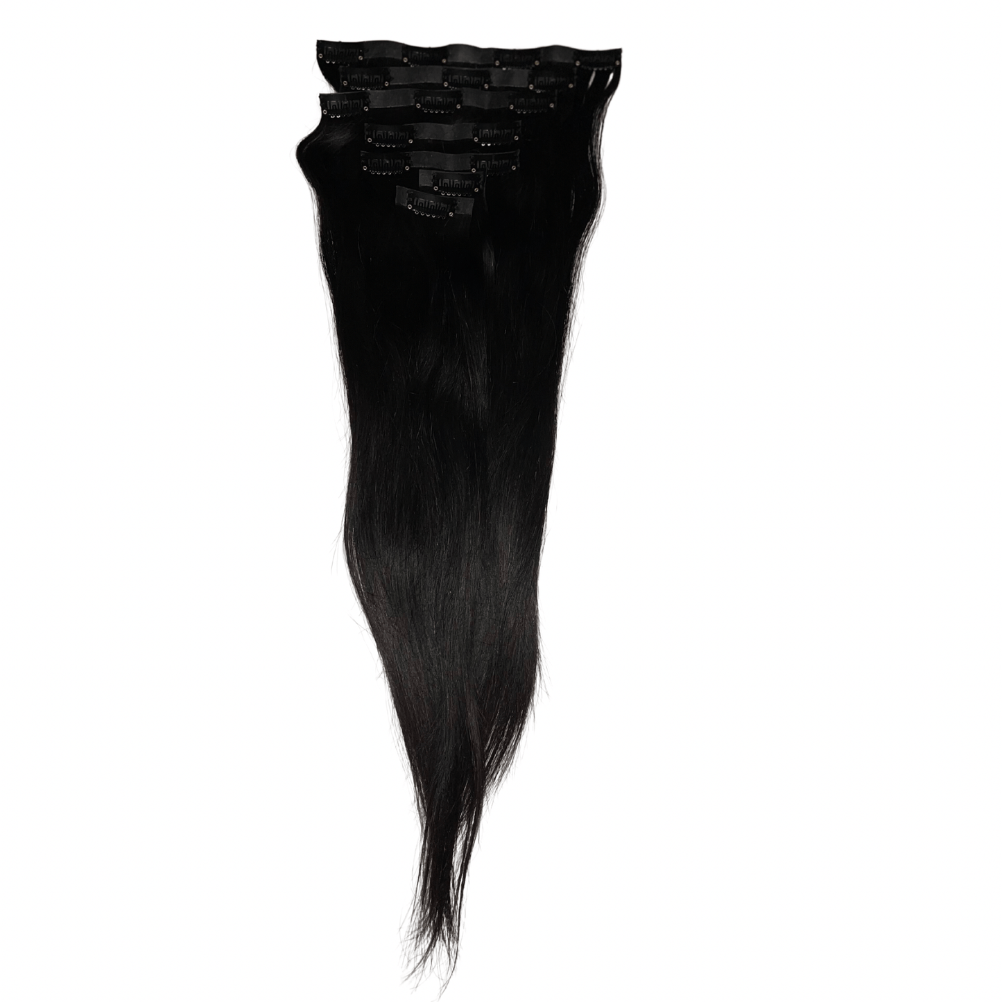 Long black Seamless Clip-Ins featuring 7 flat wefts for a smooth, undetectable finish. Ideal for natural volume and length.
