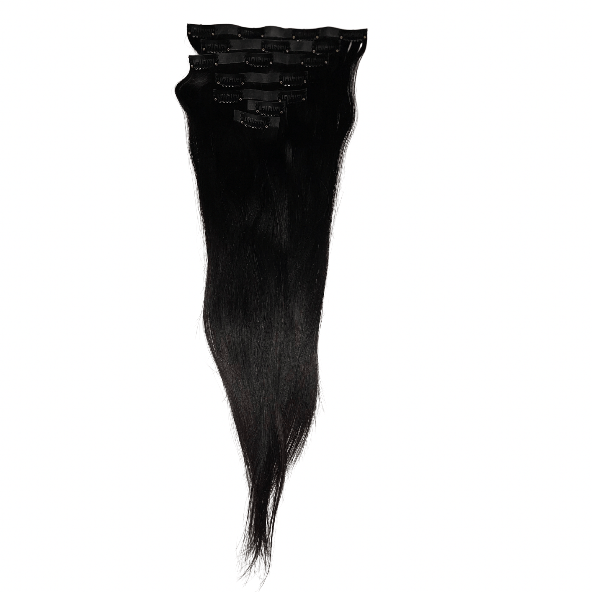 Long black Seamless Clip-Ins featuring 7 flat wefts for a smooth, undetectable finish. Ideal for natural volume and length.