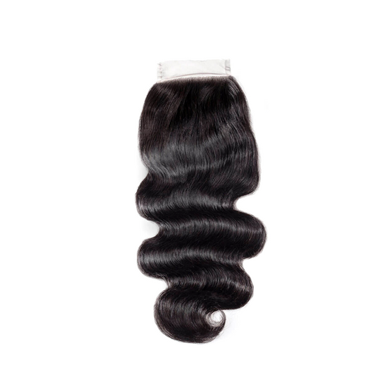 Body Wave Closure in natural black with soft waves, ideal for protective styling and seamless blending with matching bundles.