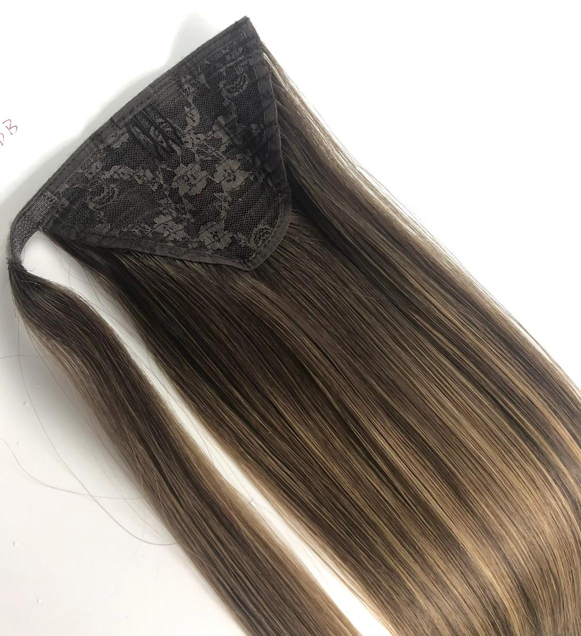 Straight luxury virgin hair ponytail in light brown with subtle highlights, featuring a lace base and wrap-around strap for secure, easy styling.