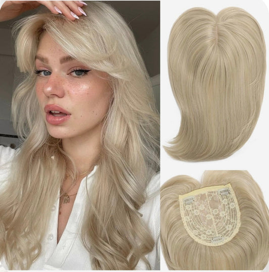 HH Toppers - Natural Hair Toppers in blonde 613 shade shown styled on model with silky straight finish. Lightweight and seamless for everyday wear.