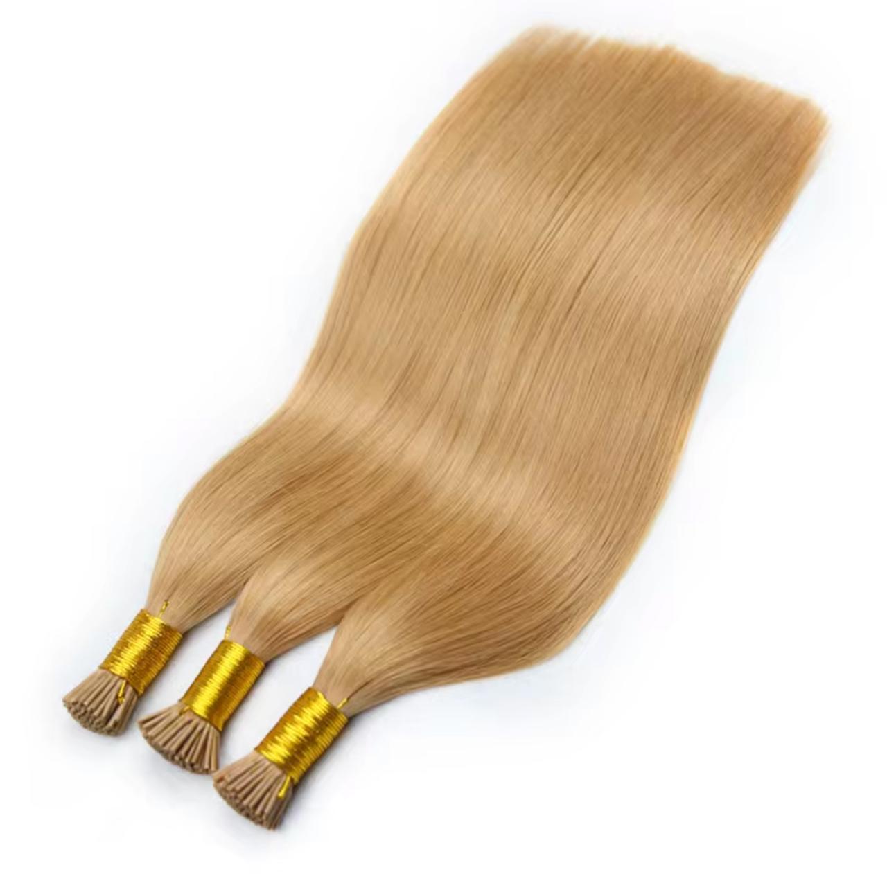 Three bundles of straight blonde I-Tip Remy Extensions - Human Hair with golden wraps, reusable and safe for long-lasting wear.