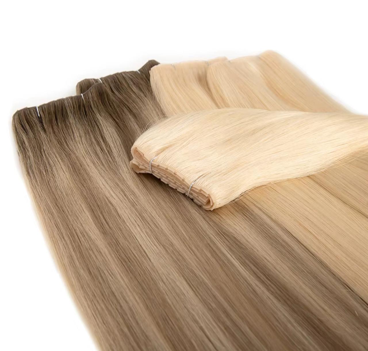 Lightweight Hair Extensions - Hypno Genius in multiple blonde and brown shades, showcasing flexible, seamless weft design for natural blending.