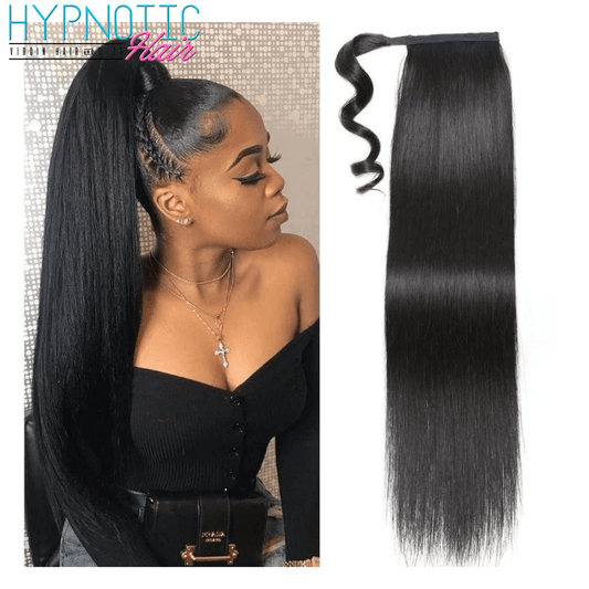 Luxury virgin hair ponytail in natural black, offering a silky, sleek look with easy clip-in installation for instant elegance and volume.